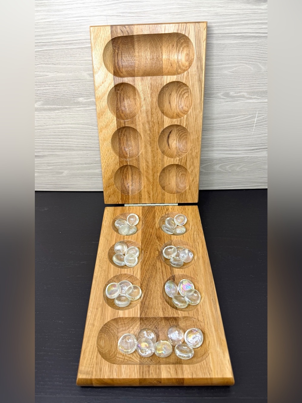 Travel Size Wooden Folding Mancala Board Game Set Glass Pieces 8.5 x 5.5 Retro